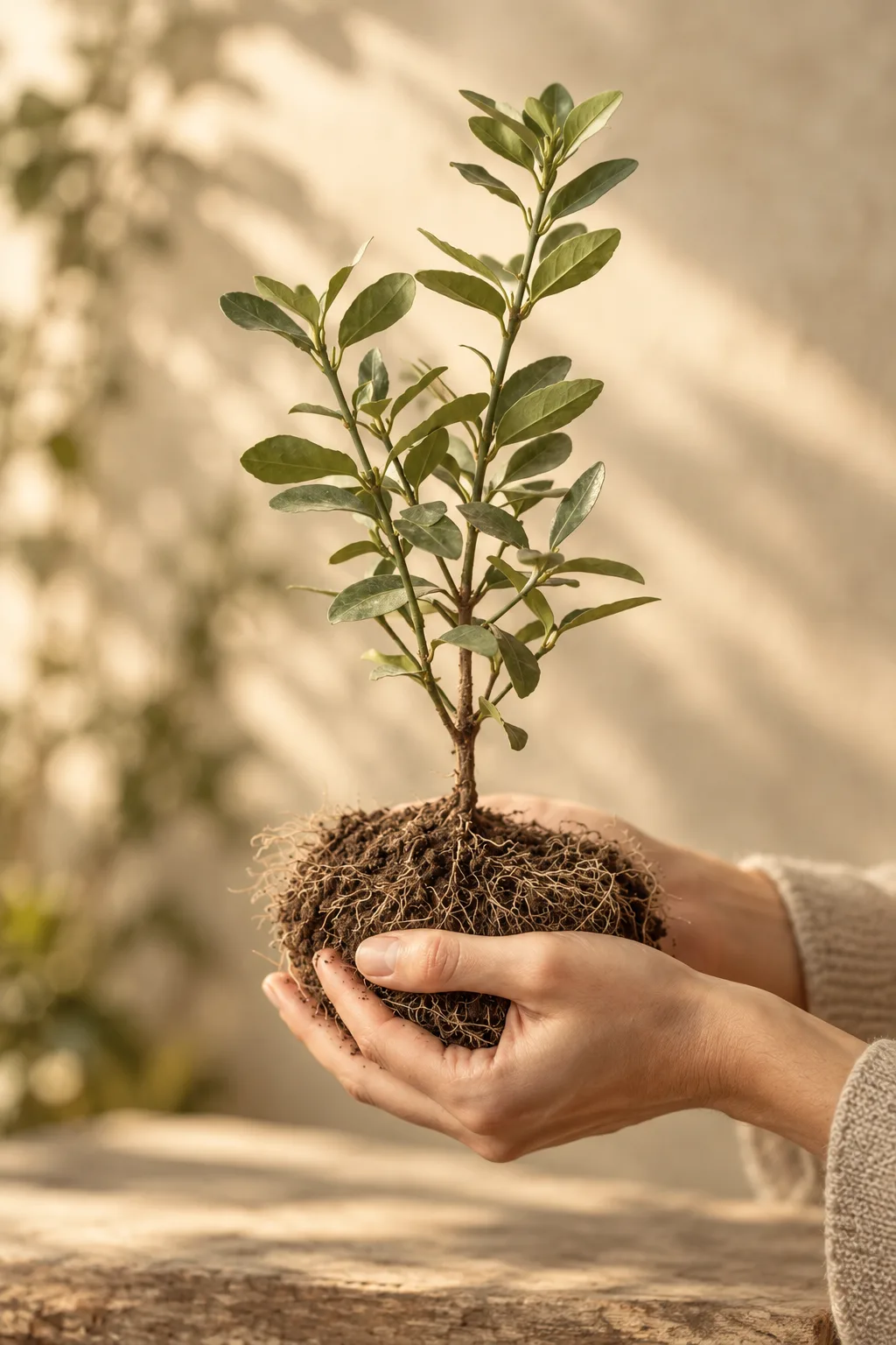 A young plant being held in caring hands